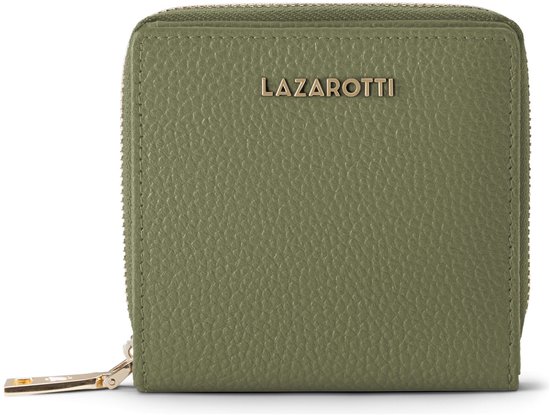Gesloten olijfgroene portemonnee van Lazarotti met goudkleurig logo en ritssluiting.
