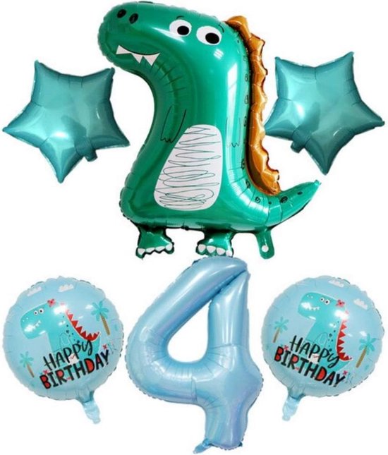 Dino Verjaardagsdecoratie – Complete Set Voor 4-jarige, Met Ballonnen, Foliefiguren, Banner En Taarttopper, Groen Jungle-thema