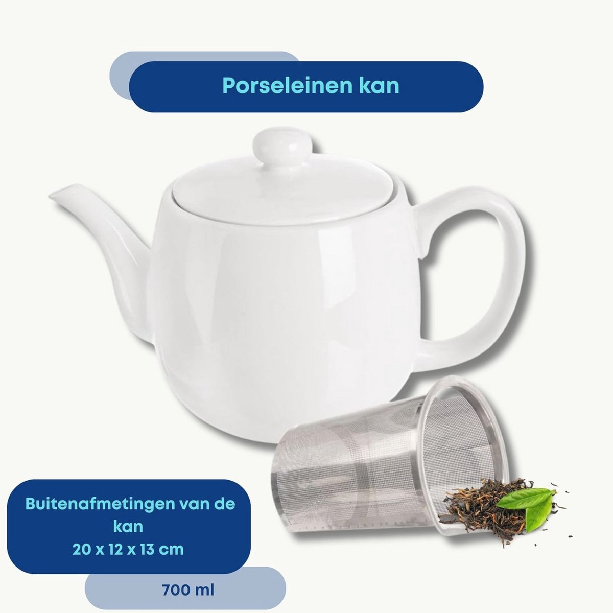 Porseleinen theepot met deksel en zeef - 700 ml - Wit