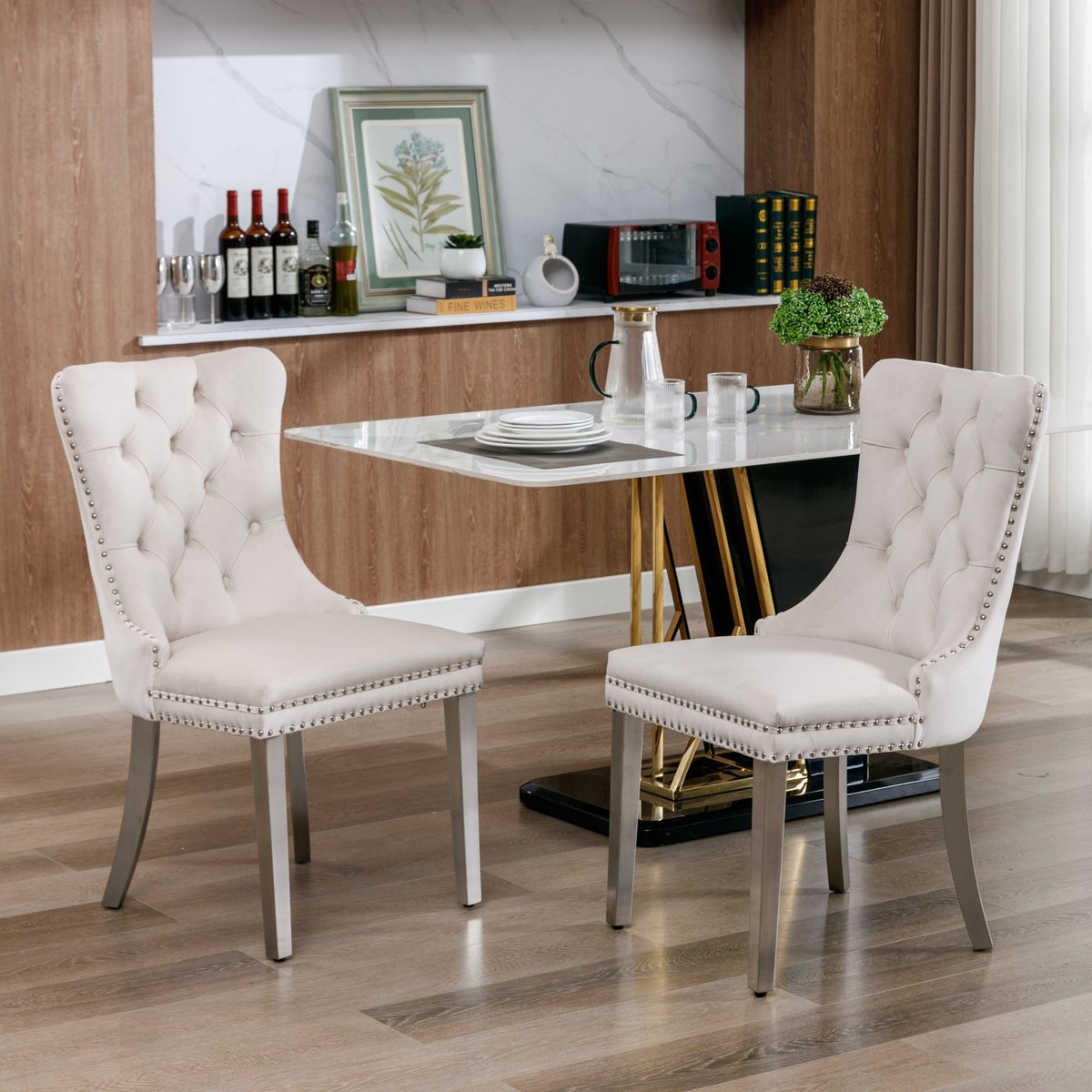 Clruro Collectie - Eetkamerstoelen Set van 2 - Hoogwaardige Velvet Bekleding - Chroom Stalen Poten & Nailhead Trim - Beige en Chroom