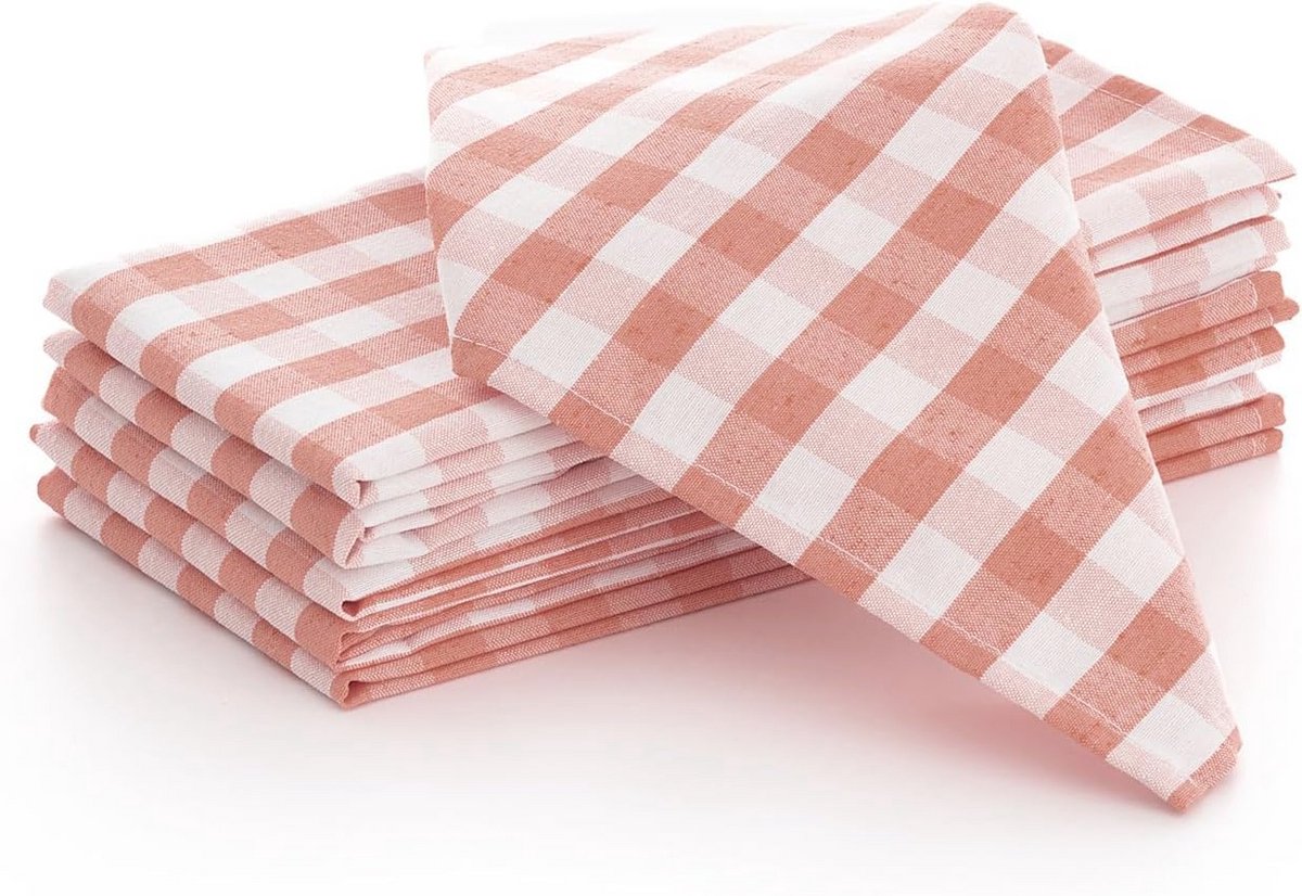 Duurzame Katoenen Servetten Set van 6 met Vichy Dessin - 45 x 45 cm, Salmon Kleur
