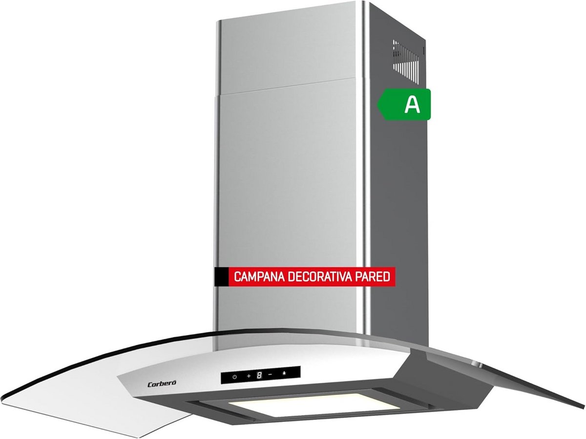 Decoratieve afzuigkap 90 cm, roestvrij staal en glas, energie-efficiëntieklasse A, 750 m³/h, 3 snelheden