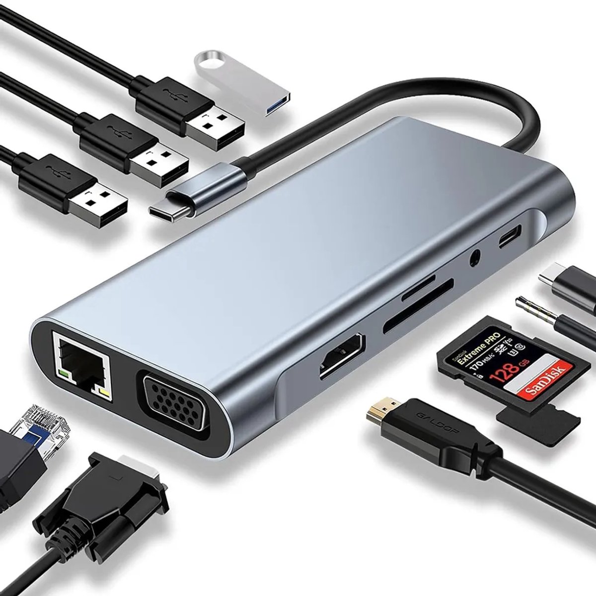 USB-C-hub, dockingstation, 11-in-1 USB-C-adapter met 4K HDMI-, VGA- en USB 3.0-poorten.