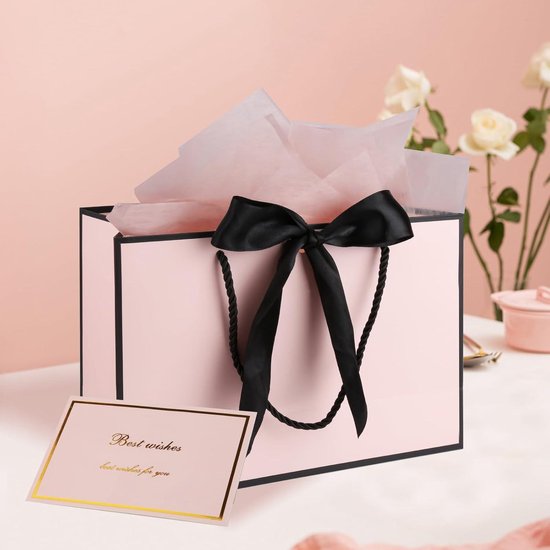 GHVACZS Cadeauzakjes Set – 4 Stuks Met Linten, Wenskaarten En Zakdoeken, Perfect Voor Verjaardagen, Bruiloften En Feesten (Roze)