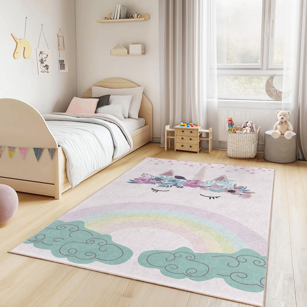 Mila Home Regenboog Droom - Kindertapijt Vloerkleed voor Kinderkamer - Wasbaar - Antislip - OEKO-TEX Gecertificeerd - Beige Pastel - 120x180 cm - (311 5)