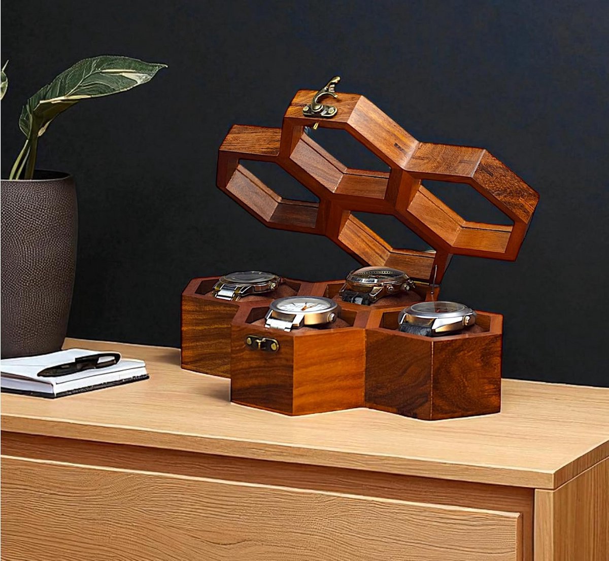 Luxe Houten Horlogedoos voor 4 Horloges - Handgemaakt Palissander | Organiser en Geschenkdoos