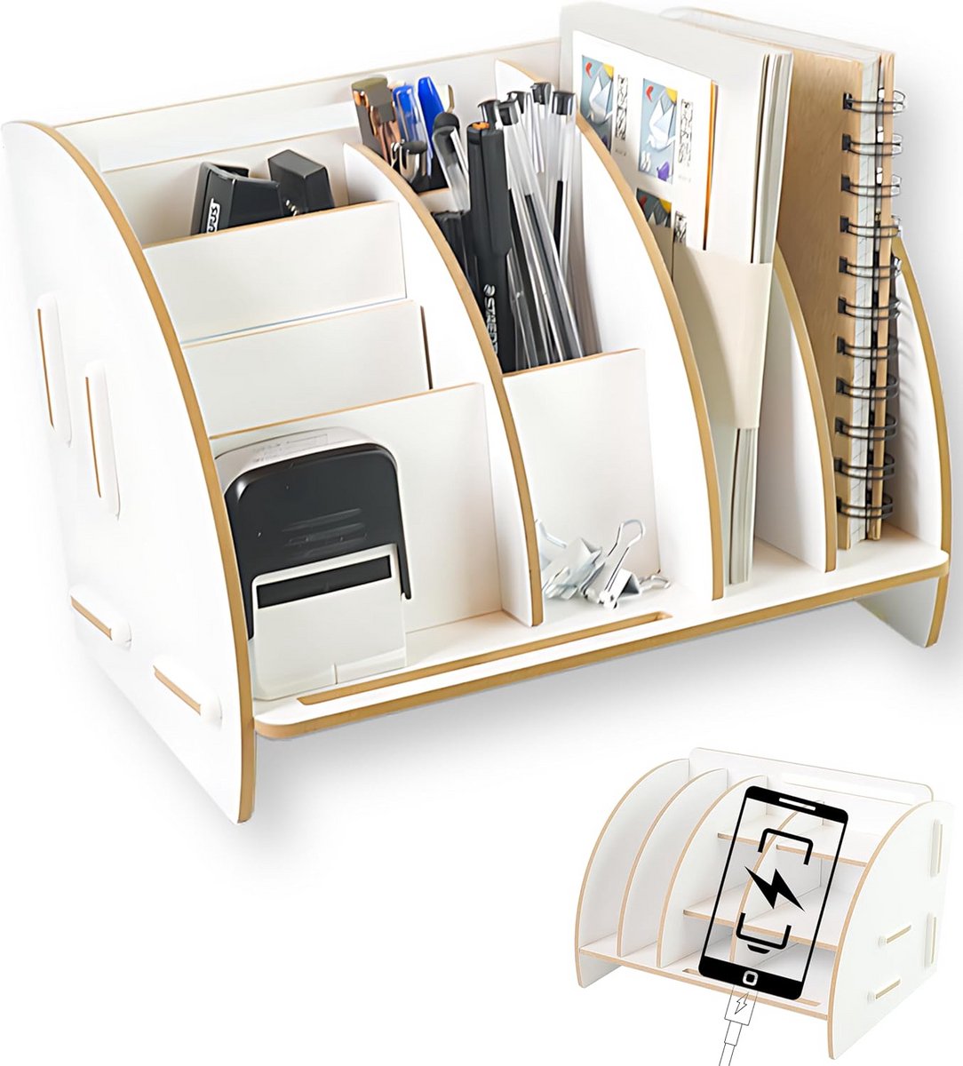 Houten bureau organizer met penhouder en telefoonstandaard in wit