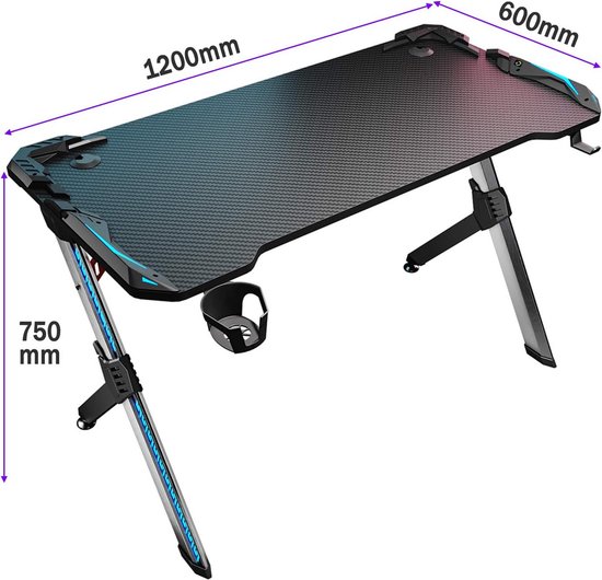 ODK Gamingbureau Met LED-verlichting En Stopcontact – 120x50 Cm, Afneembaar Monitorrek, Stevig Carbon Design