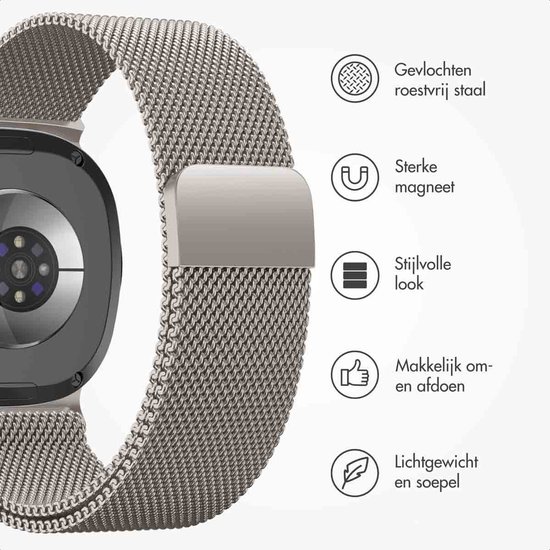 Zilverkleurig milanees smartwatchbandje met een magnetische sluiting. Kenmerken: geweven roestvrij staal, sterke magneet, stijlvol, makkelijk om- en af te doen, lichtgewicht.