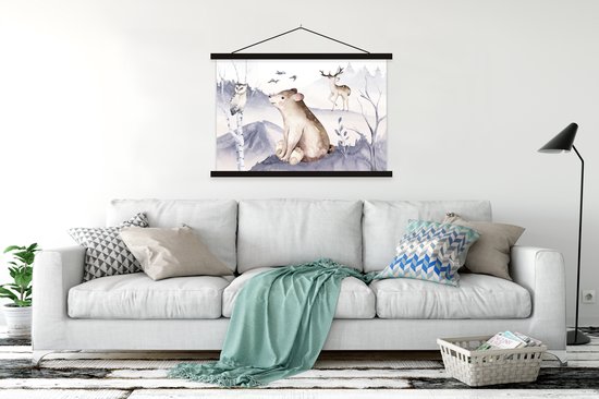 Porte-affiche avec affiche - Affiche scolaire - Hiver - Neige - Animaux - 150x100 cm - Lattes noires