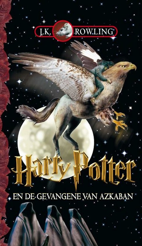 Boekcover: Harry Potter en de Gevangene van Azkaban, met een hippogrief en een figuur op zijn rug, vliegend onder een volle maan.