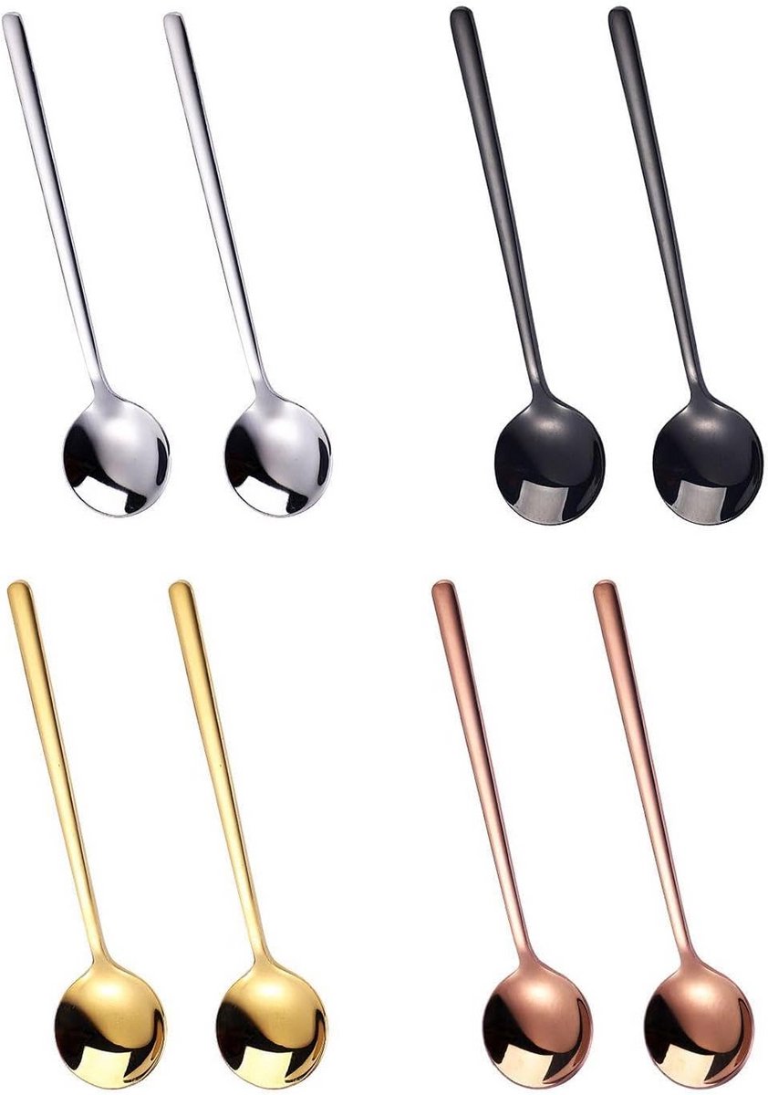 Set van 8 Kleine Ronde Koffie- en Espressolèpelset van Roestvrij Staal