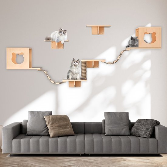 AZANO Kattentrap, set van 3, groot, modern design van metaal, klimwand voor katten, kattenladder, muur, wit, kurk