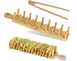 Taco Houder - Tapasplank - Tapas Serveerblad - Houten tortilla-standaard - met clips - tortilla-lade - bamboe tortilla-standaard - geschikt voor 8 tortilla's - geschikt voor tortilla's, burrito's en delicatessen - houtkleur