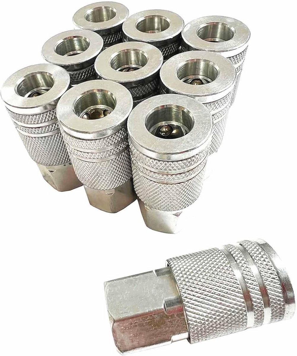 Industriële 1/4 inch Stalen Vrouwelijke Koppelingen - Luchtslangkoppelingen met Opbergkoffer (10 Stuks)