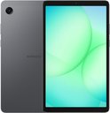 Grijze Samsung Galaxy Tab A11, achterkant en voorkant met groen abstracte achtergrond.