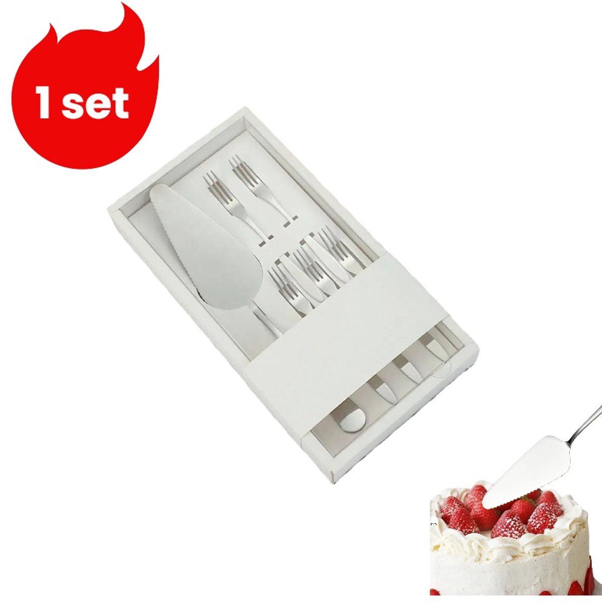 1 set - Taartmes en vorkset - Taartvork - Taartlepel - Fruitvorkset - Taartmes *1, vork *5 - Zilver
