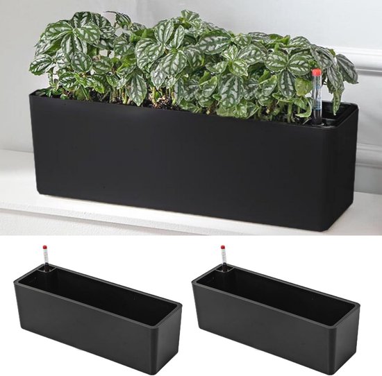 Set de 2 Jardinières auto-arrosantes pour Plantes d'intérieur - Pots de fleurs rectangulaires noirs 40 cm - Décoratifs et modernes pour balcon et rebord de fenêtre