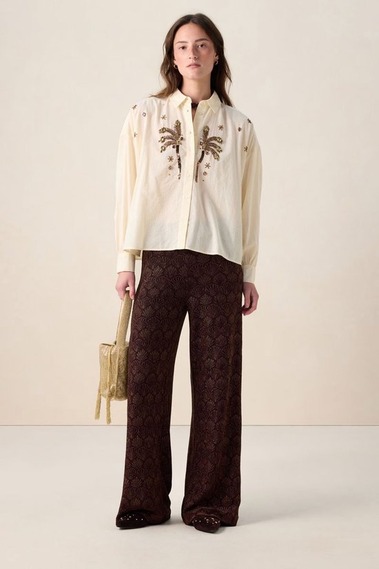 Donkerrode Jacquard Broek Met Schelpen