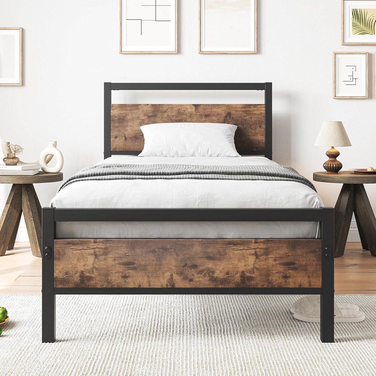 Metalen Bedframe 90 x 200 cm voor Eenpersoonsbed met Lattenbodem - Bruin en Zwart