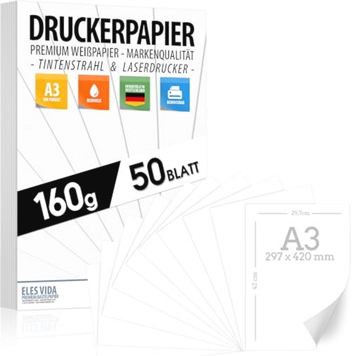 Premium A3 Printerpapier 160g - 50 Vellen Zuiver Wit voor Foto's en Presentaties