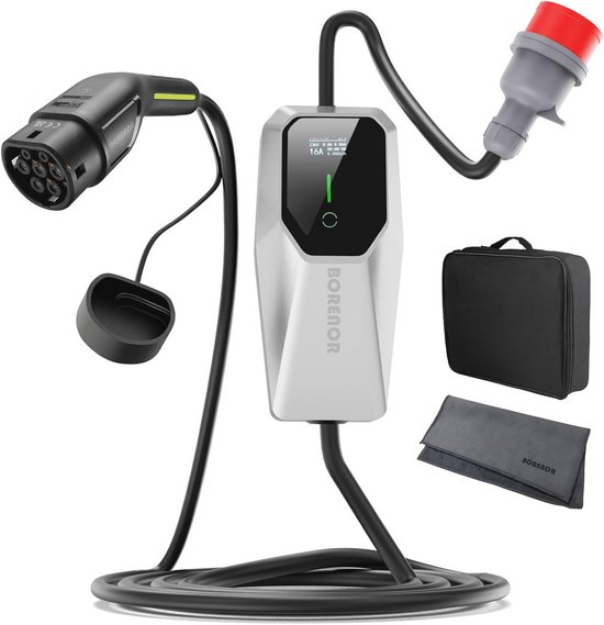 ECOPOINT Type 2 oplaadkabel voor elektrische voertuigen, 22 kW, draagbare 3-fase 32A, Mennekes Mode 3 oplaadkabel voor EV en PHEV (5M spiraalkabel