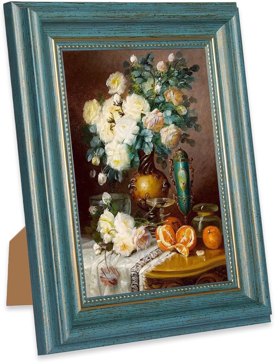Vintage blauwe fotolijst 10 x 15 cm, retro lijst met gouden decoratie, horizontaal en verticaal te gebruiken voor muur of tafel, stijlvolle decoratie voor thuis