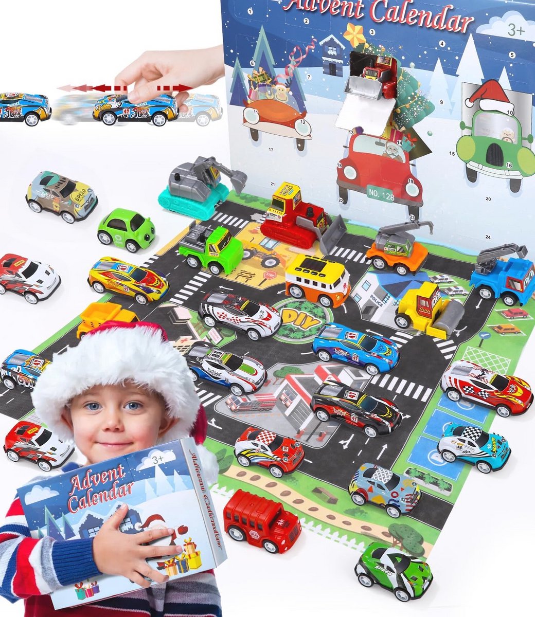 Adventskalender 2024 voor Kinderen - 24 Dagen Aftelkalender met Speelauto's en Vrachtwagens