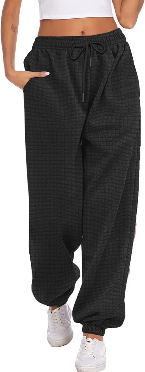 Dames Joggingbroek - Warme Waffle, Hoge Taille, Baggy Vrijetijdsbroek met Zakken