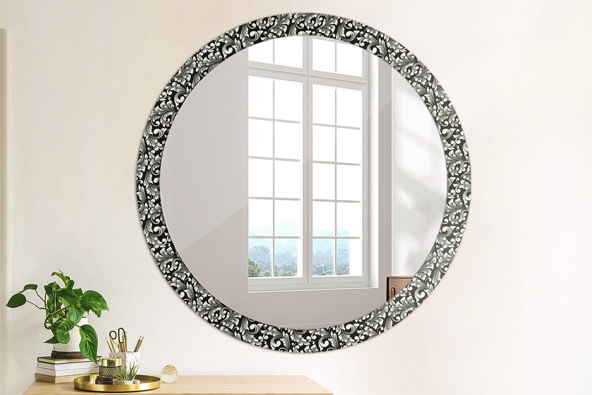 Coloray Bedrukte Spiegel - Ornament Wandspiegel Decoratieve Print - 100 cm - Zwart en wit Bedrukte Spiegel - Wandspiegel Decoratieve Print - Bedrukte Spiegel - Spiegel Met Bedrukte Lijst Zwart en wit Ornament
