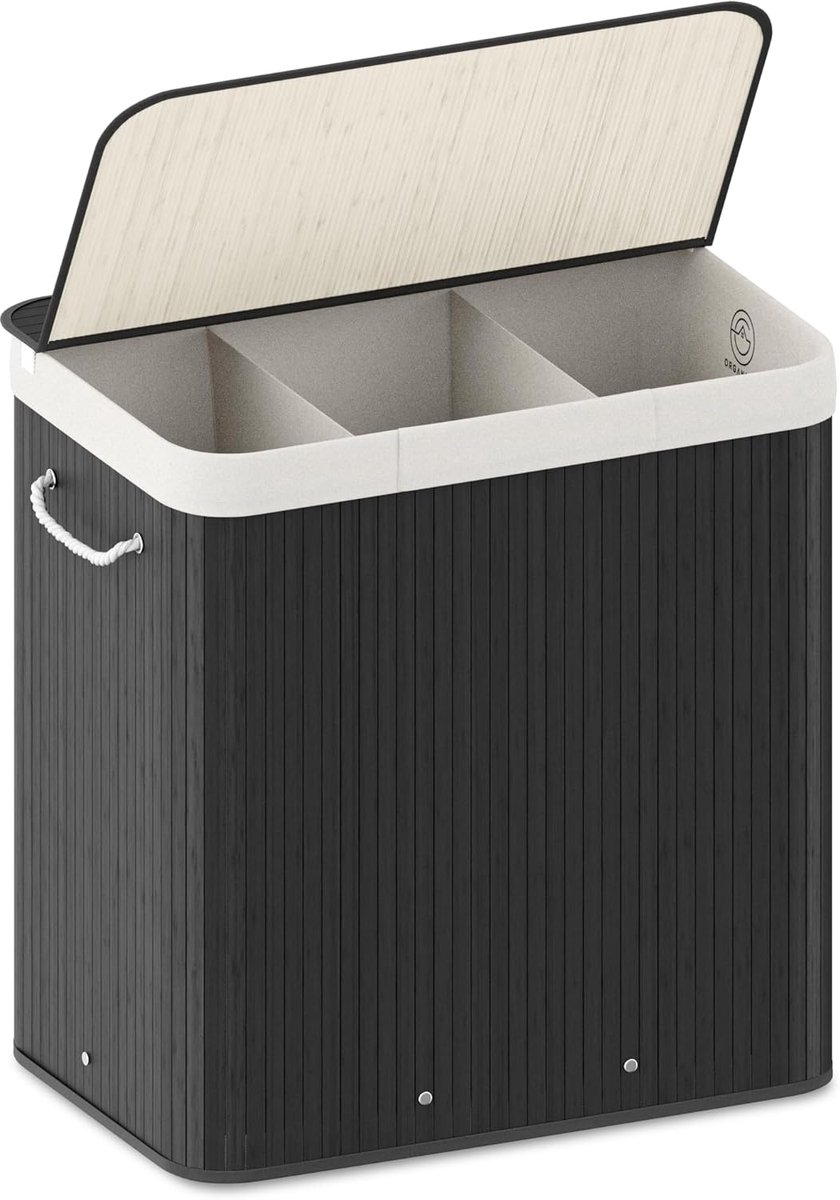Wasmand 3 Vakken - Wassorteerder -150L-Zwart met wit