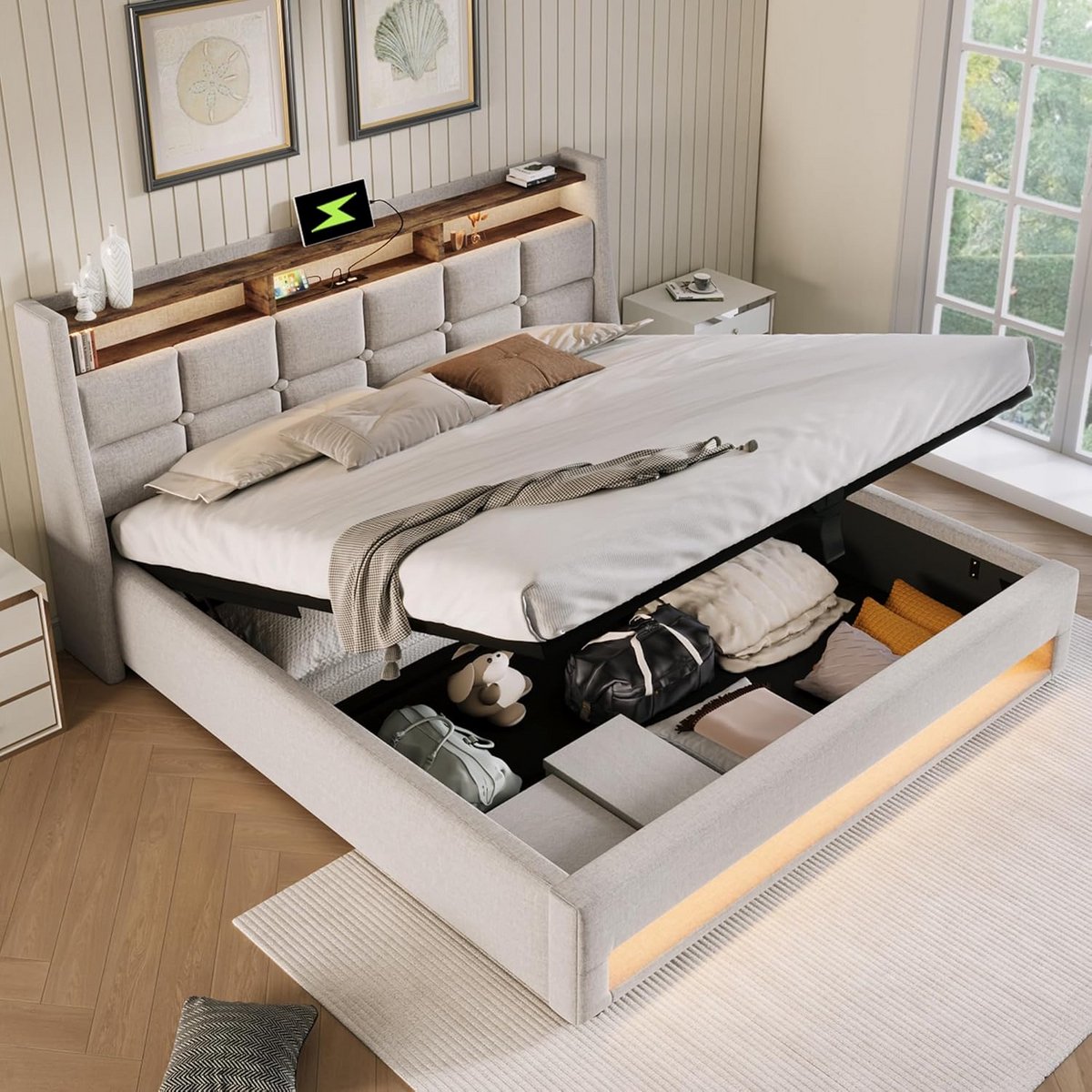 Luxe Gestoffeerd Tweepersoonsbed 160x200 cm met Opbergruimte, LED en USB-aansluiting