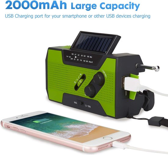 Anluomafuy Noodradio – Met Zwengel, Zonne-energie, 2000 MAh Batterij, AM/FM/SW, 3-in-1 LED-zaklamp (SOS, Leeslamp, Schijnwerper), Powerbank, Compact