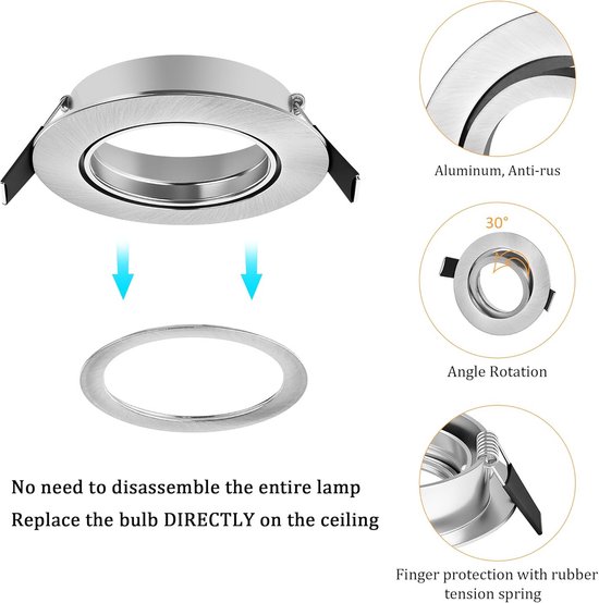 Wonkelly LED inbouwspot GU10 set, (incl. fitting), spot 230V, gatdiameter 68mm, inbouwframe in rond, zwart geborsteld, 30° draaibaar, inbouwspots van metaal, voor inbouwverlichting (10 stuks