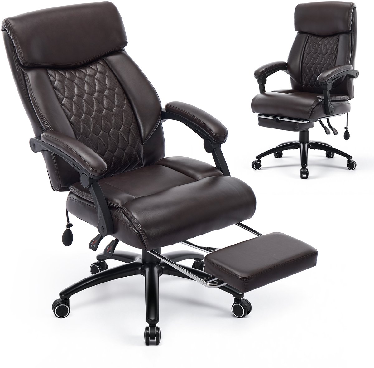 COLAMY bureaustoel met voetsteun - ergonomische leren computerstoel met opblaasbare lendensteun - thuisbureaustoel - 90°-130° verstelbare hoge rugleuning - volwassenen om te werken of te studeren - Bruin