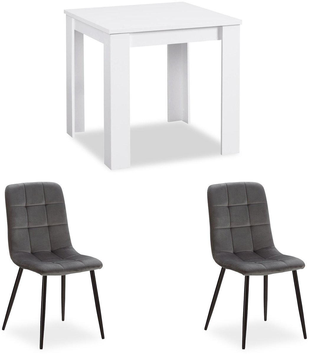 Homestyle4u Eethoeken - 80x80 cm - met 2 stoelen - Eettafel wit - en Stoel grijs