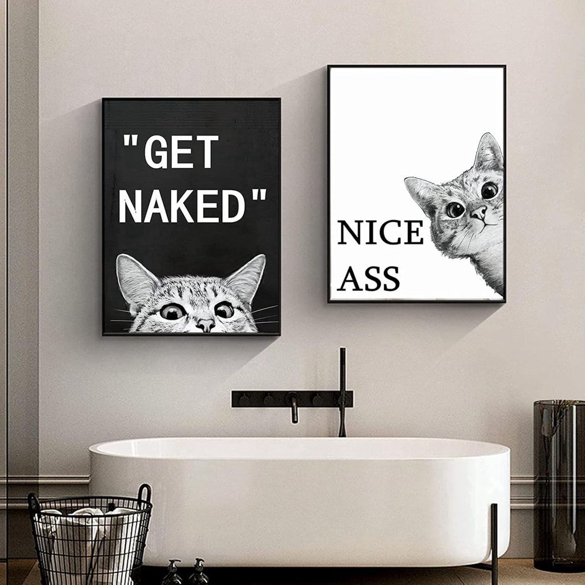 Stunq® Set van 2 posters voor de badkamer, decoratieve afbeeldingen, grappige dieren, hoogwaardige kunstdruk, zwart, wit, kat, foto's, decoratie, slaapkamer, toilet, decoratie, canvas, stijlvolle wandschilderijen, zonder lijst (T1, 2 x 50 x 70 cm)