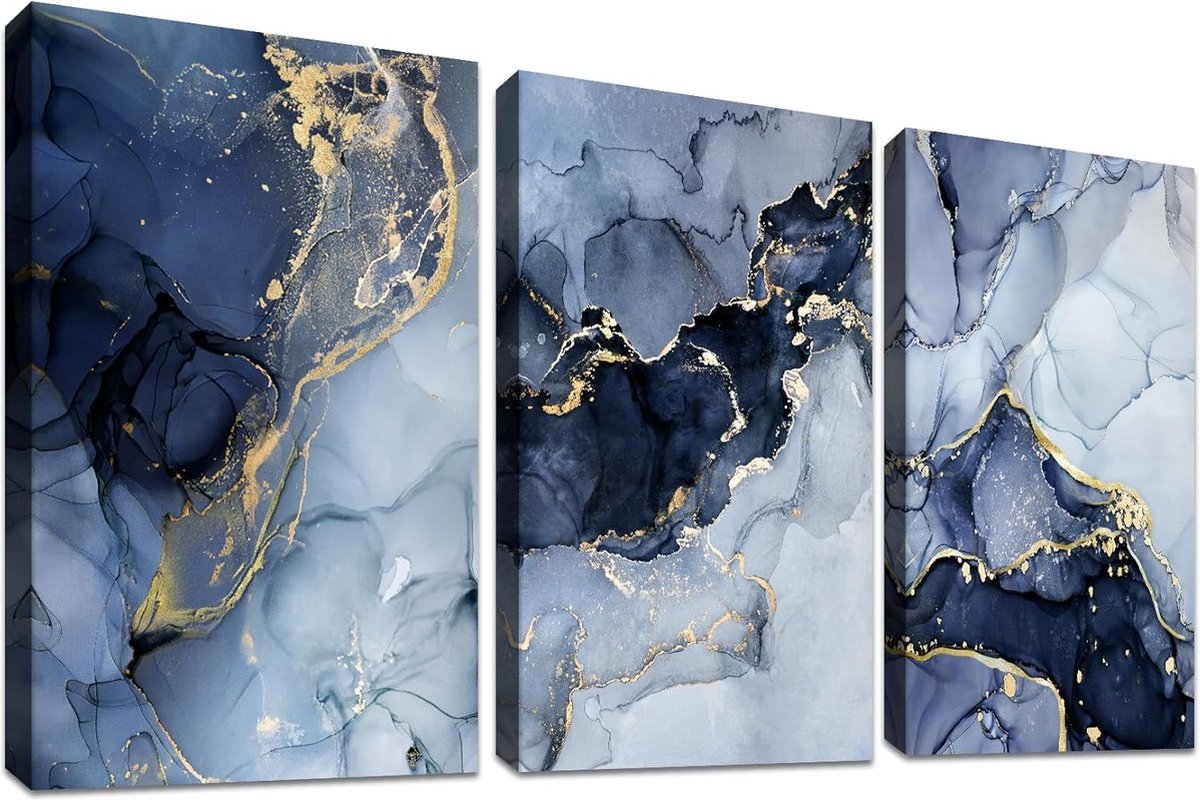 Stunq® 3 stuks marineblauw wit goud marmer met frame canvas foto's canvas schilderij abstract afbeelding op canvas wandafbeeldingen woonkamer slaapkamer wanddecoratie klaar om op te hangen 150 x 70 cm