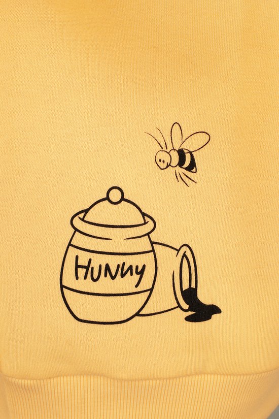 Detail van een gele hoodie met een tekening van een pot honing met de tekst 'HUNNY' en een bij.