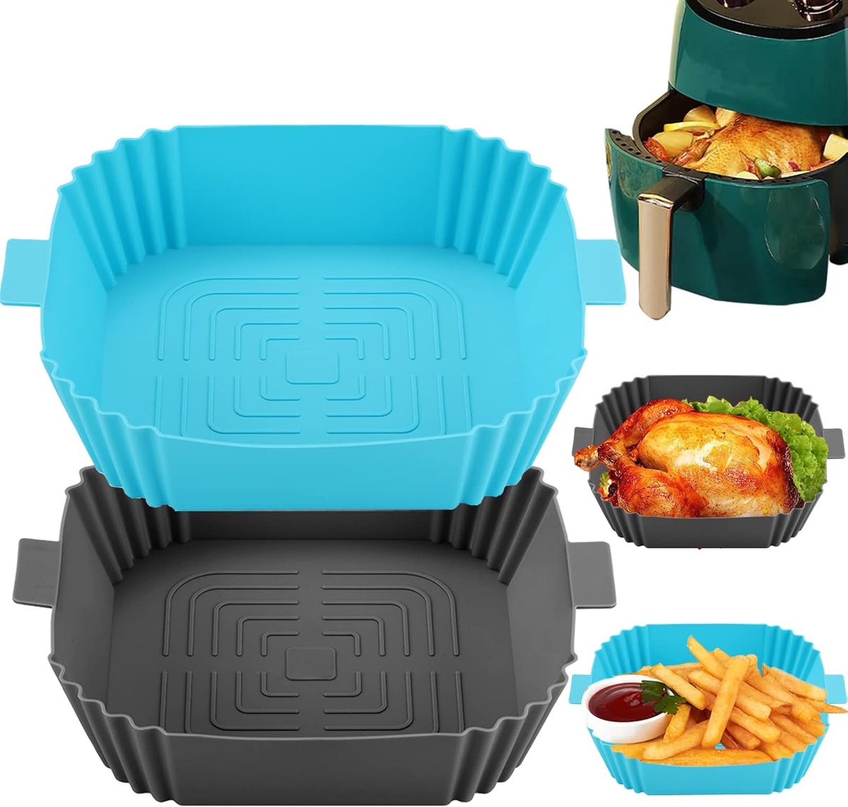 Airfryer Accessoires - Siliconen Bakje - Bakpapier - Grijs en Blauw