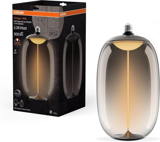 Led Rookglas Bol Grote Dimare LED Lamp E27 Rookglas Ellips Vintage Design 12W Warm Wit ...