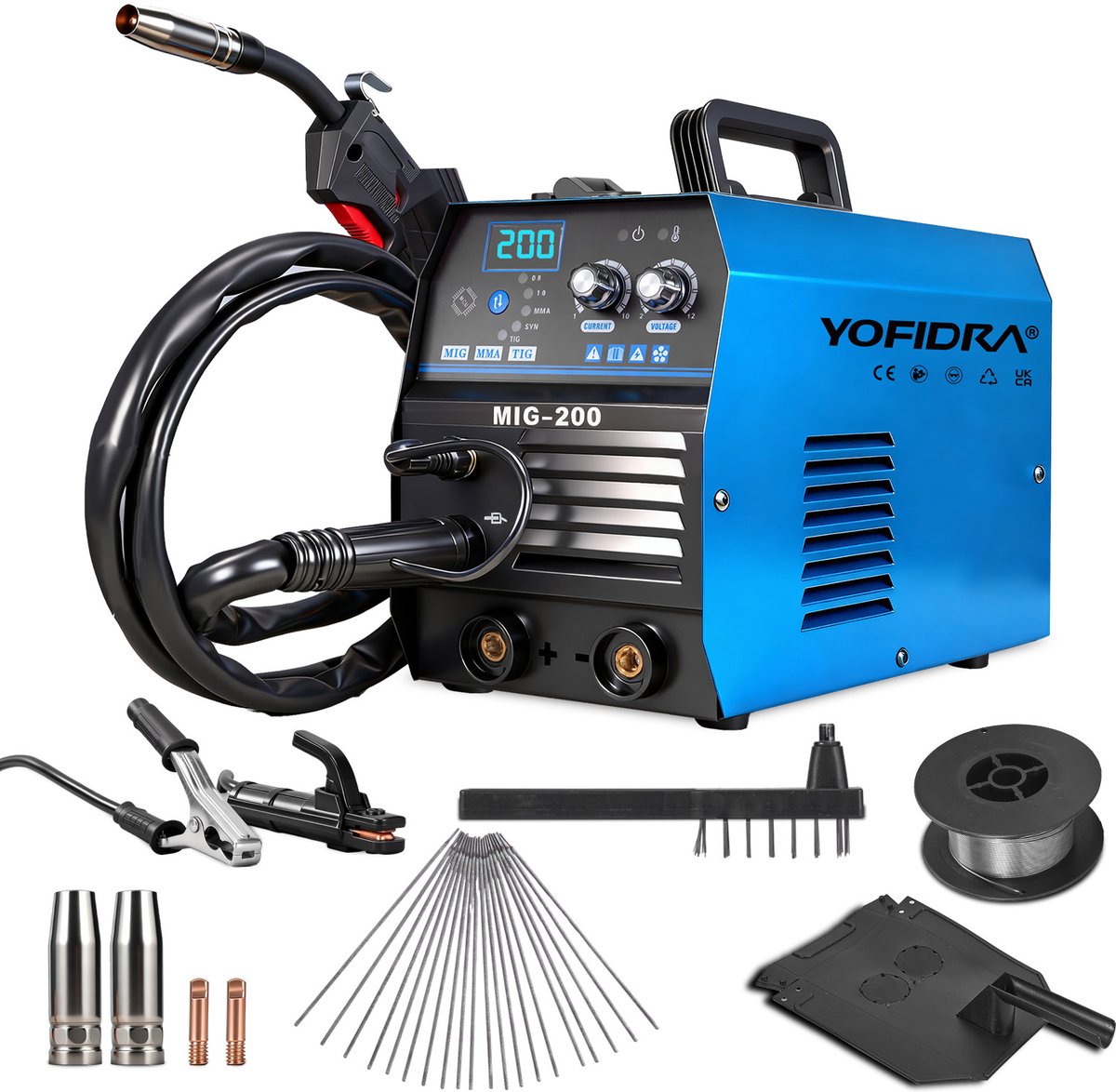 Yofidra Lasapparaat - MIG Lasmachine, 3-in-1 fluxkern-MIG/MMA/TIG - Meerproceslaser - 200A compact inverter lasmachine - 20–200 A - met synergetische draadaanvoer