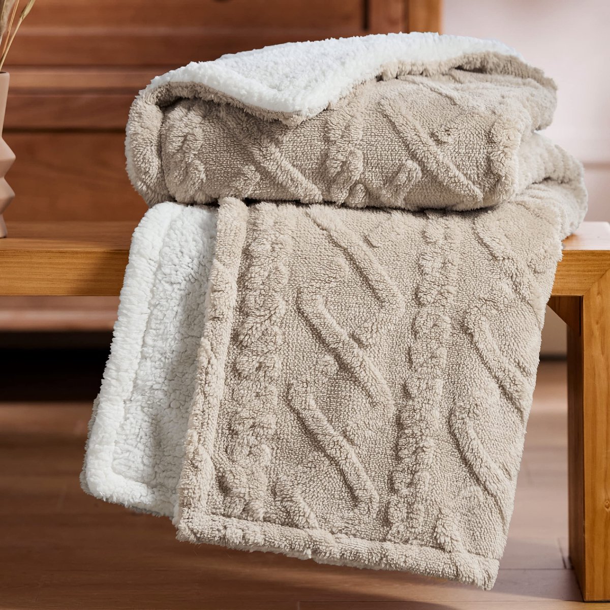 Ibenzoa Zachte en Warme Deken van Sherpa Fleece voor Bank en Slaapkamer Taupe