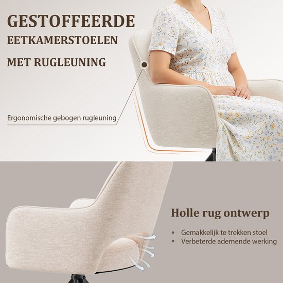 Gedetailleerde afbeelding van een beige stoffen eetkamerstoel met armleuningen, ergonomische rugleuning en holle rug.
