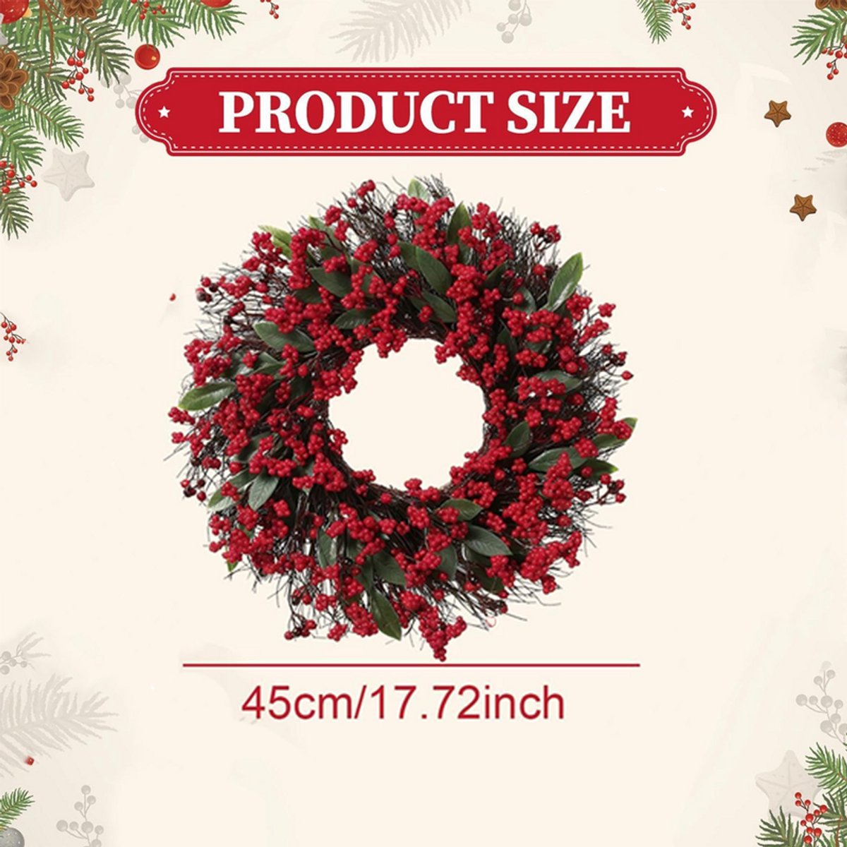 Ronde Krans - Kerstkrans - Rode bessenkrans - Rood - Versierd met rode bessen, handgemaakte dennentakken en cipressenbladeren - 45 cm - Kunstmatige kerstkrans - Wandkrans – foto 6