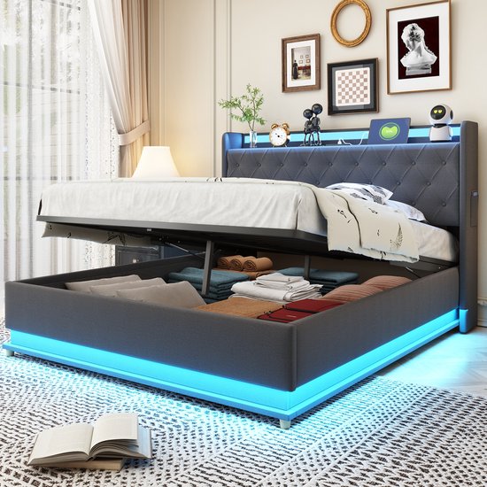 Wishdor – Opbergbed 140x200 cm – Hydraulische lift – LED & USB – Grijs linnen – Sfeervol & high-tech