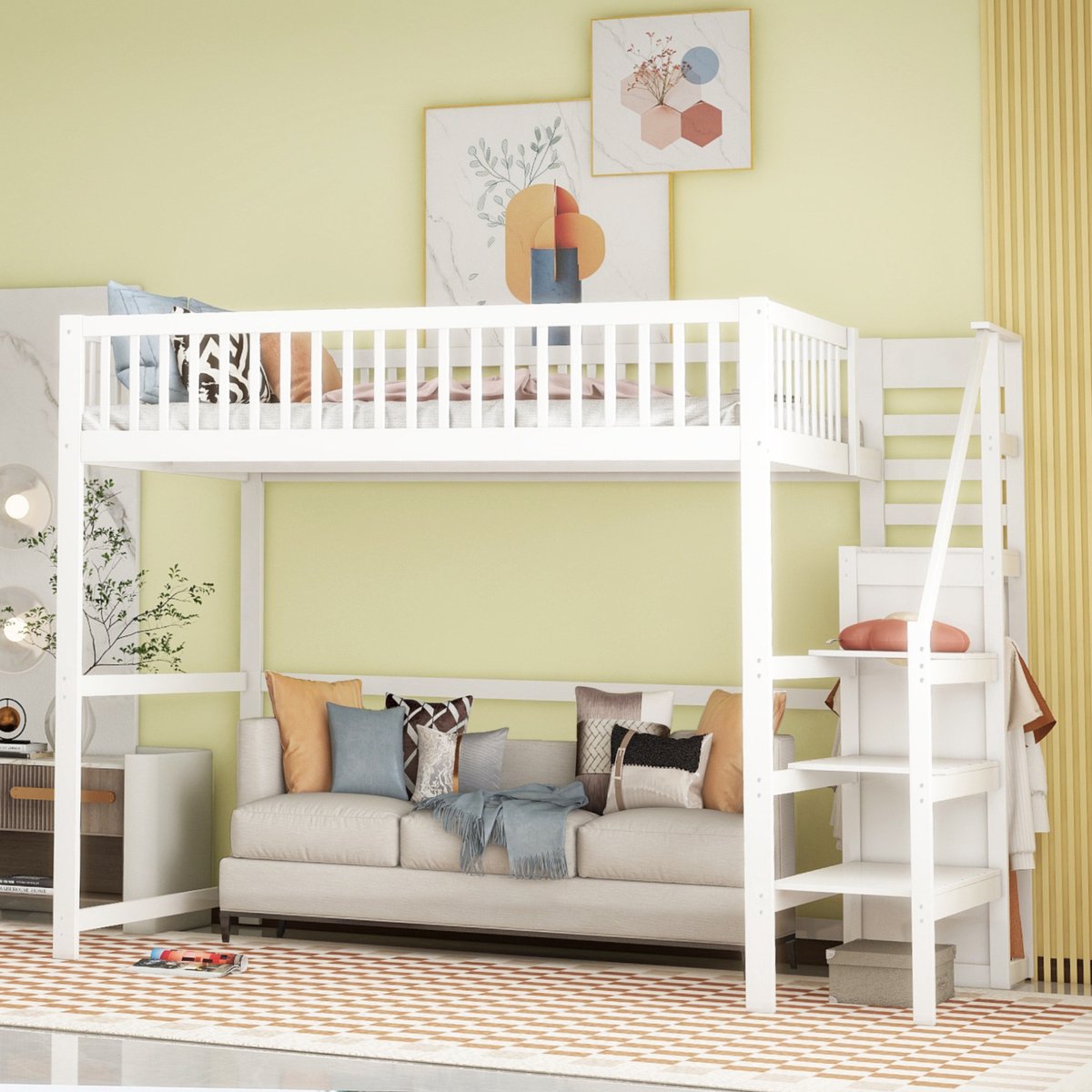 REDOM hoogslaper 140x200 cm – Massief hout + MDF wit – Trap met opbergruimte – Kledingkast onder trap – Hoge veiligheidsreling (verticale spijlen) – Vrije ruimte onder bed (ca. 140 cm) – 15 latten – 150 kg