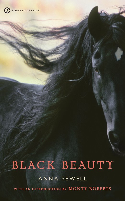 Couverture du livre "Black Beauty" avec un portrait de cheval noir à la crinière flottante.