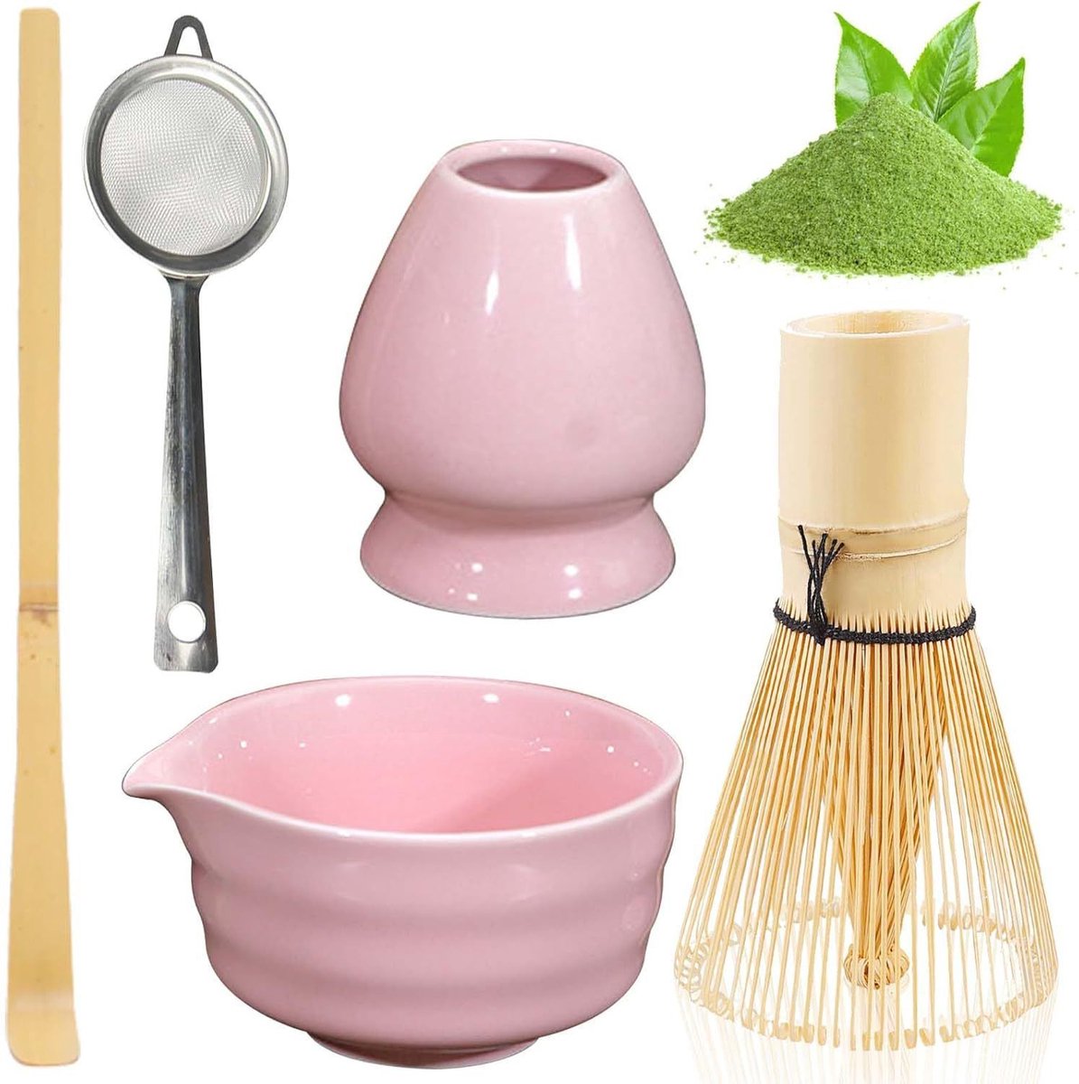 5-delige Matcha Starterkit – Matcha Kom, Gardehouder, Japanse Matcha Garde, Gardezeef, Lepel – Roze