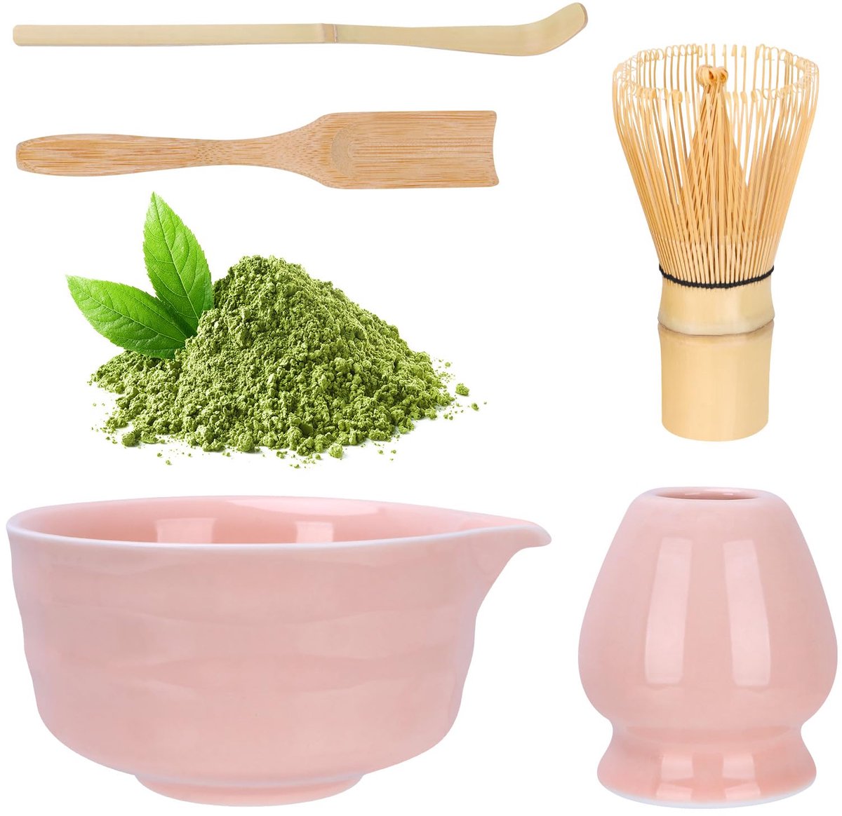Matcha Theeset Roze – 5-delige Set Met Matcha Kom, Gietmond, Bezem En Bezemhouder – Handgemaakte Theeset Voor Theeliefhebbers